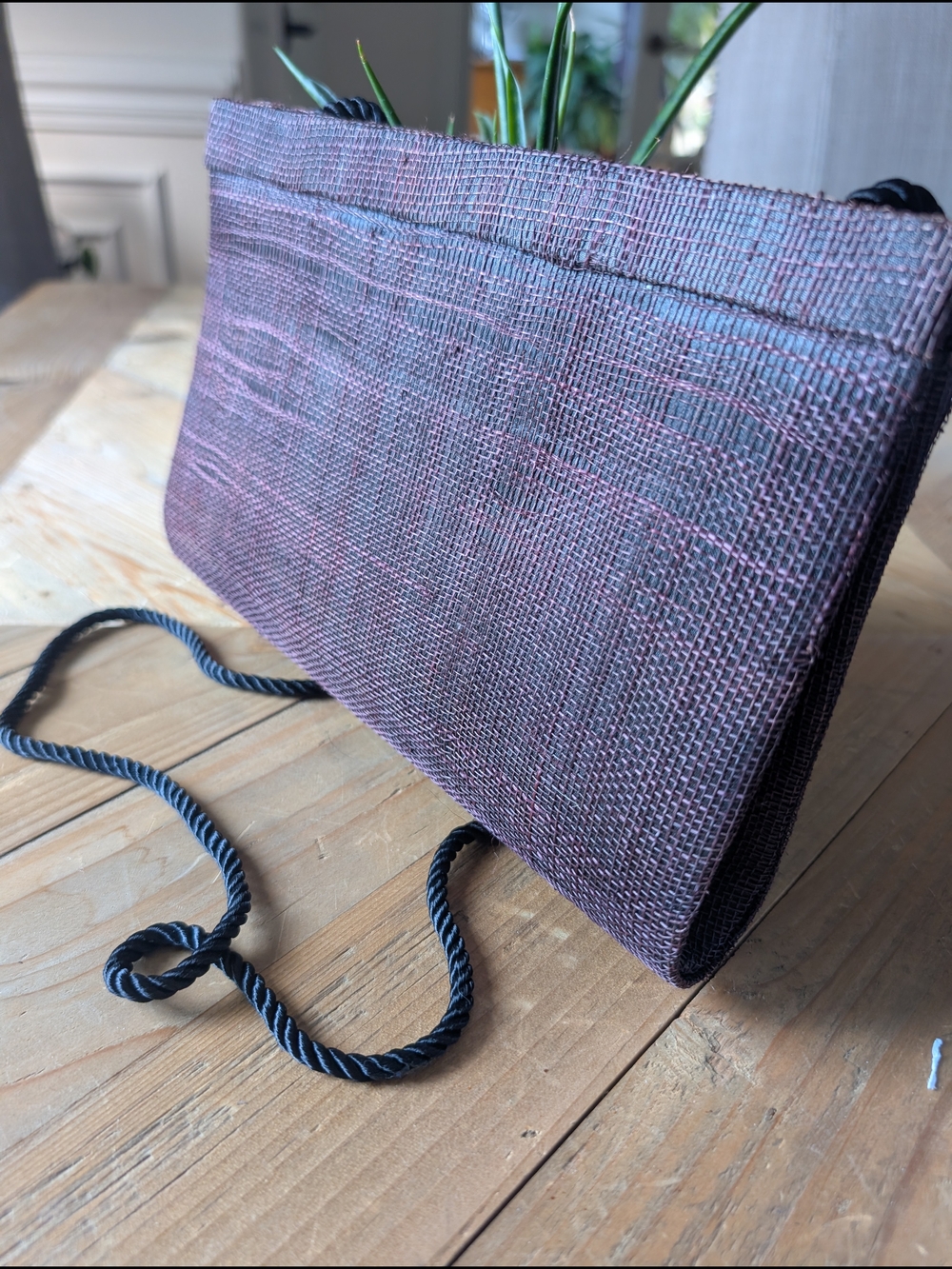 Woven Magenta Over Black Shoulder Bag with Rope Strap